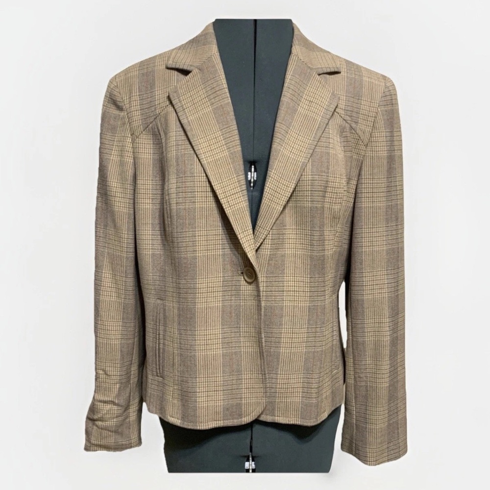 NWT Jones Wear tan, brown & orange plaid houndstooth lined blazer